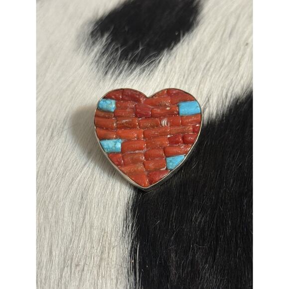 Sterling Jay King DTR Red Coral Turquoise Cobblestone Heart Pendant Earrings Set - Picture 13 of 14